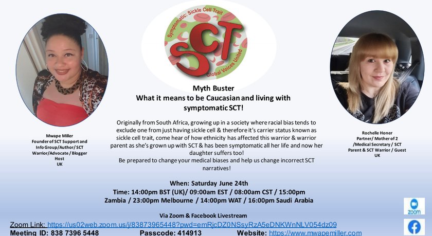 World Sickle Cell Day - 19th June 2021 - 8AM EST/22:00PM Melbourne, AUS/ 13:00PM UK - Sickle Cell Trait Re-Education Session - Topic: Changing the Narrative on Sickle Cell Trait - Come join Dr Tomia Wooten-Austin and Dr Rob Sokolic and hear from our panel of Sickle Cell Trait Warriors sharing their symptomatic sickle cell trait stories with you!  Guaranteed to change your perspective or open your eyes to those of us living with SCT and all the challenges it brings! It is definitely not BENIGN!